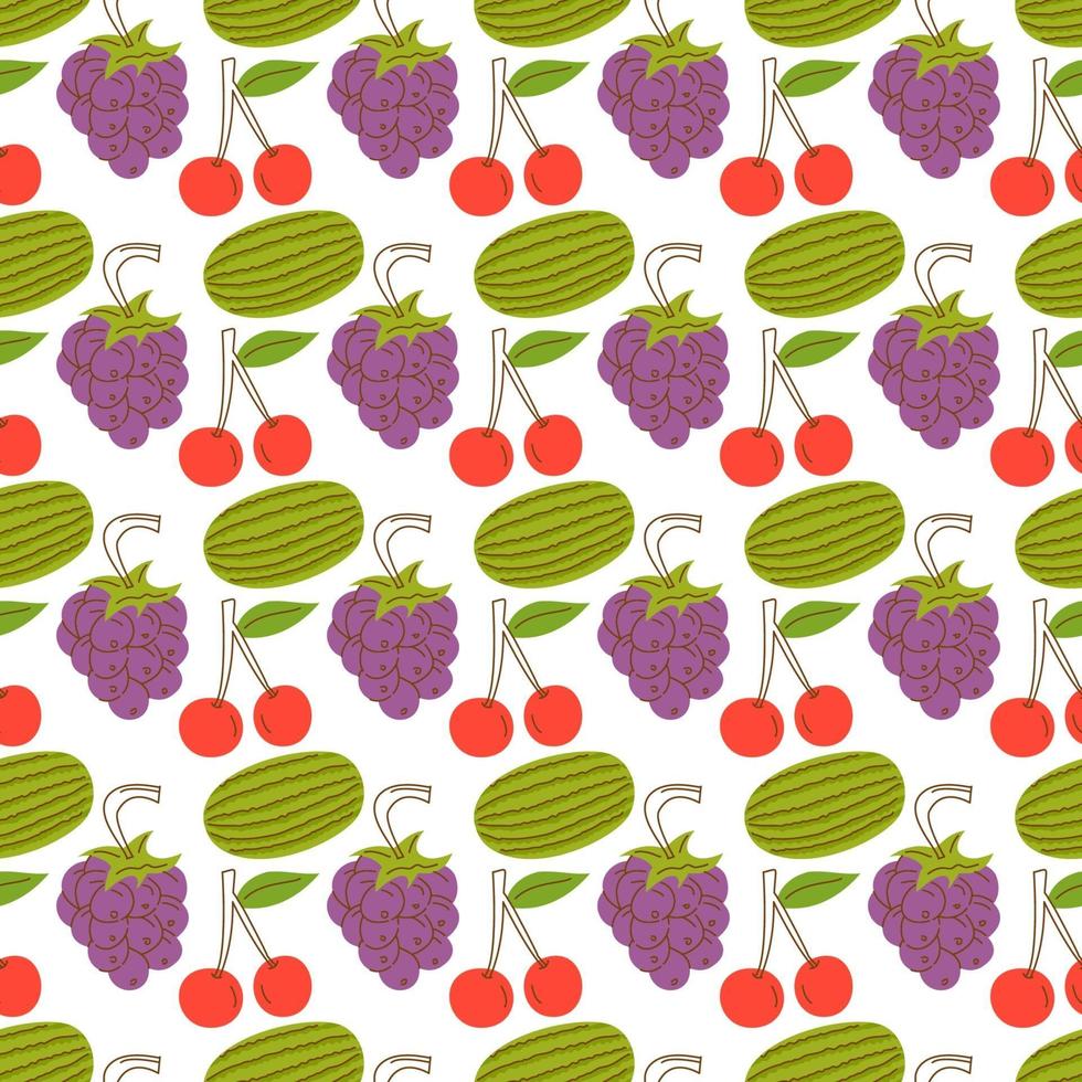 modello di frutta con colorati, anguria, ciliegie, uva. disegnati a mano vari gustosi frutti succosi. illustrazione alla moda. design piatto. stile cartone animato. vettore colorato seamless pattern. sfondo nero