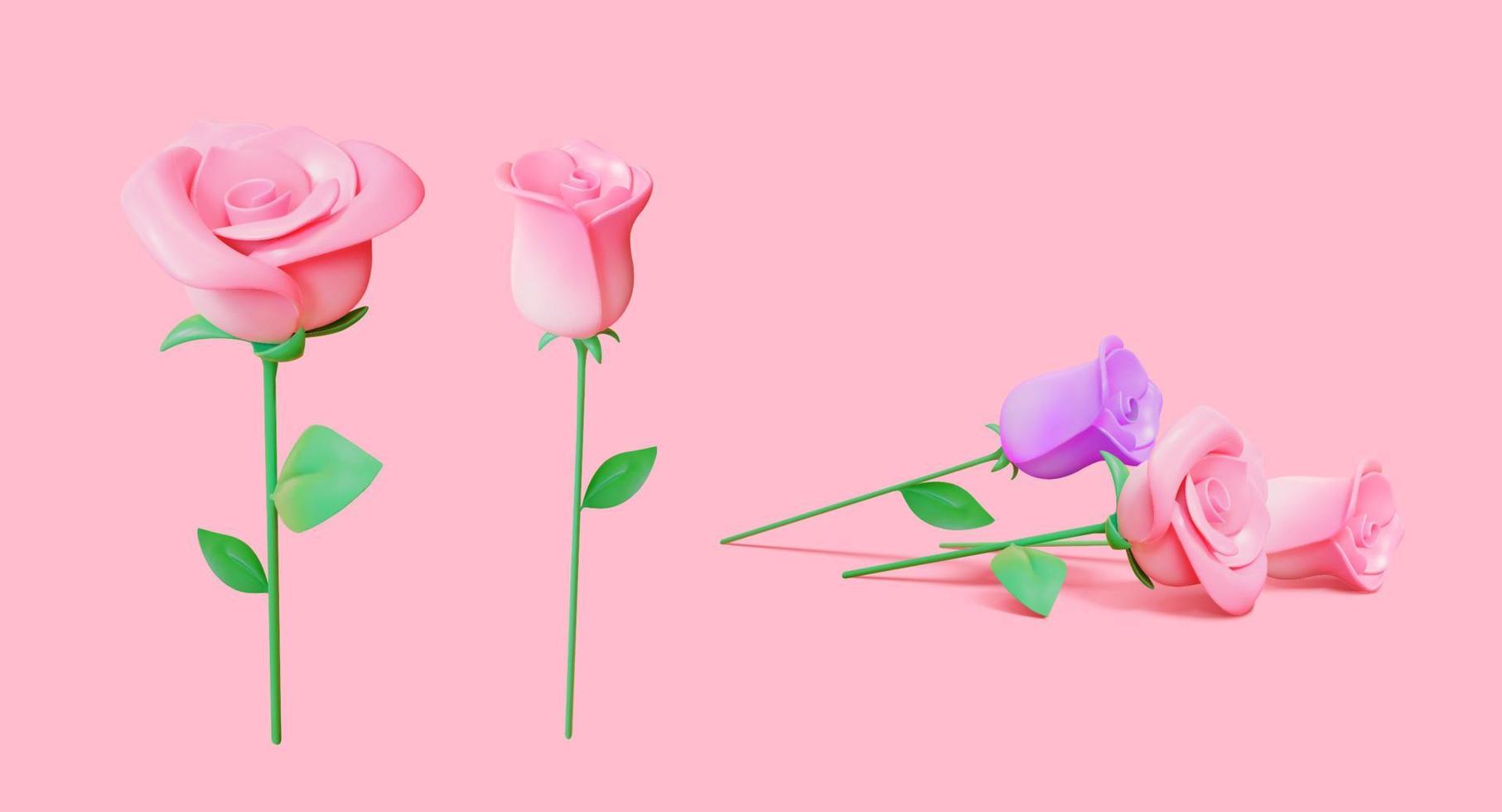 3d rosa e viola rosa germoglio collezione, isolato su leggero rosa sfondo. adatto per San Valentino giorno o La madre di giorno decorazione. vettore