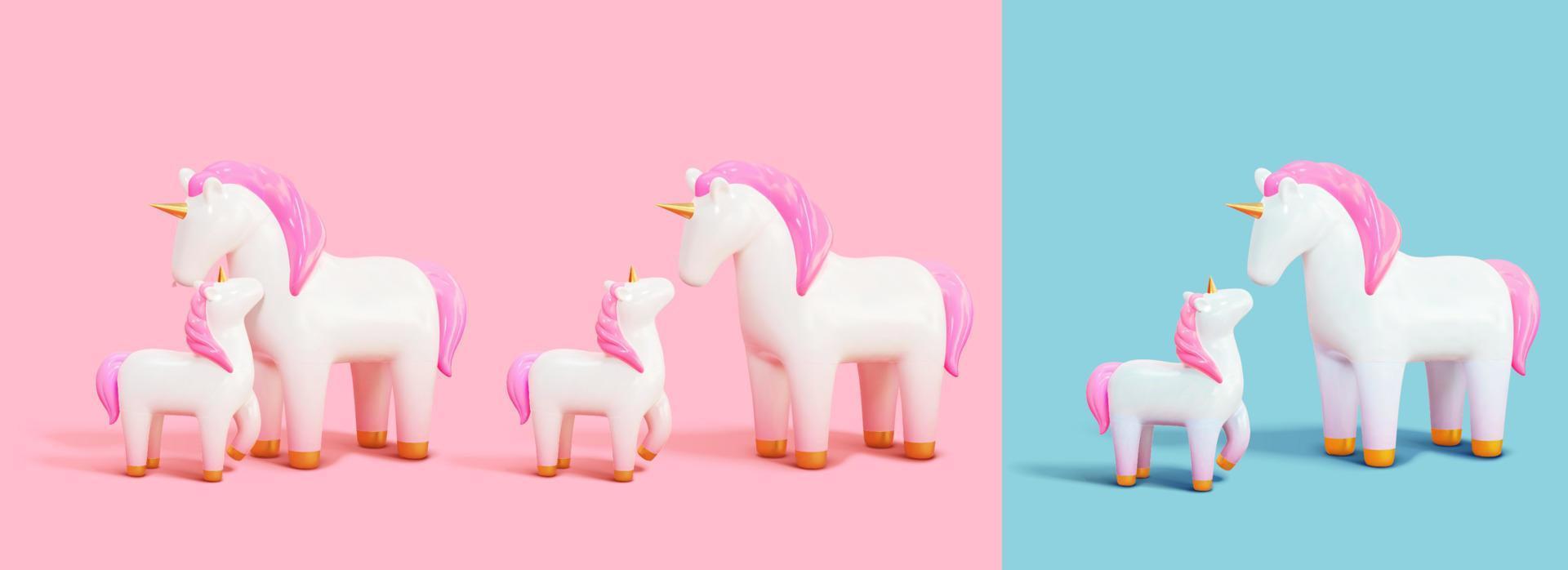 3d carino unicorno giocattoli di coccole madre e cucciolo. isolato animale personaggio design nel diverso colore sfondo. adatto per La madre di giorno o compleanno decorazione. vettore