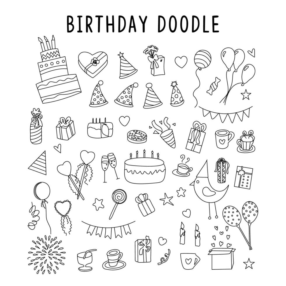 set di elemento doodle regalo compleanno. set vettoriale di diversi elementi di vacanza disegnati a mano. illustrazione vettoriale. Vector doodle set, nastro rosso, illustrazione con regali, regali disegnati a mano su sfondo bianco,