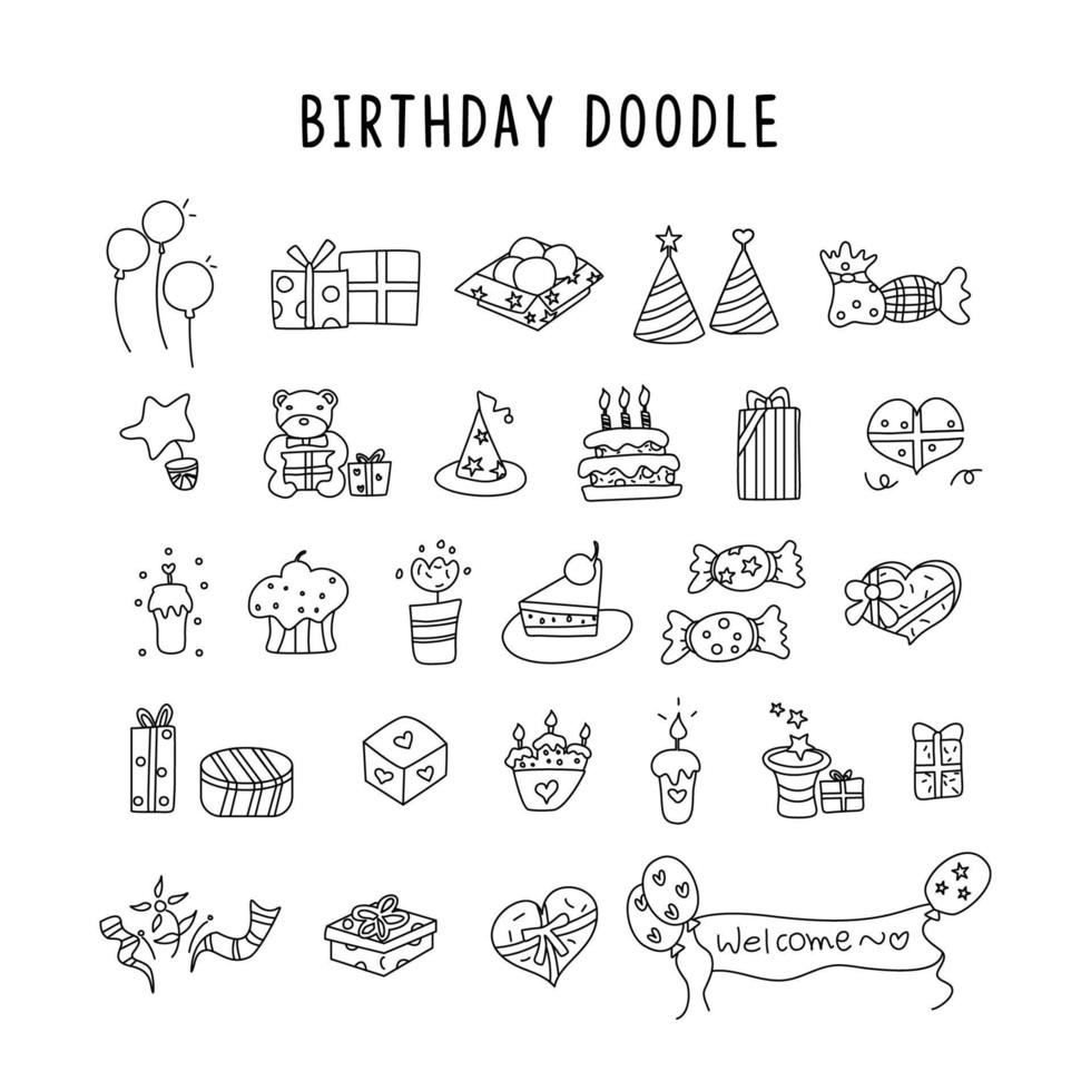 elementi di compleanno. set disegnato a mano con torte di compleanno, palloncini, regali e attributi festivi. vettore