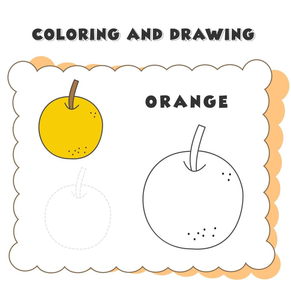 elemento libro colorazione e disegno arancione. set di arance di disegno a colori isolato su priorità bassa bianca. schizzo per colorare la pagina di prenotazione. illustrazione vettoriale