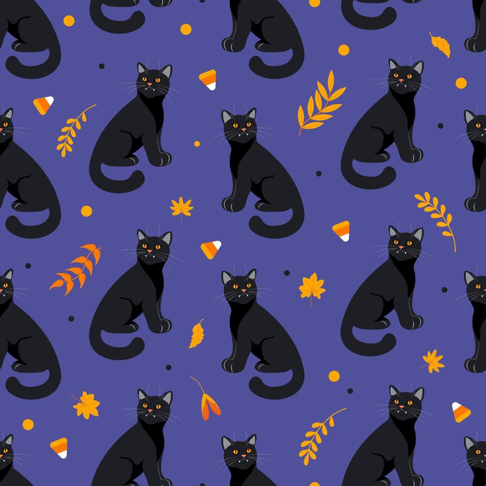 Halloween senza soluzione di continuità modello nero gatto, autunno foglie, erbe aromatiche e caramella nel arancia toni buio viola sfondo. luminosa illustrazione cartone animato stile. per sfondo, stampa su tessuto, avvolgere, sfondo. vettore