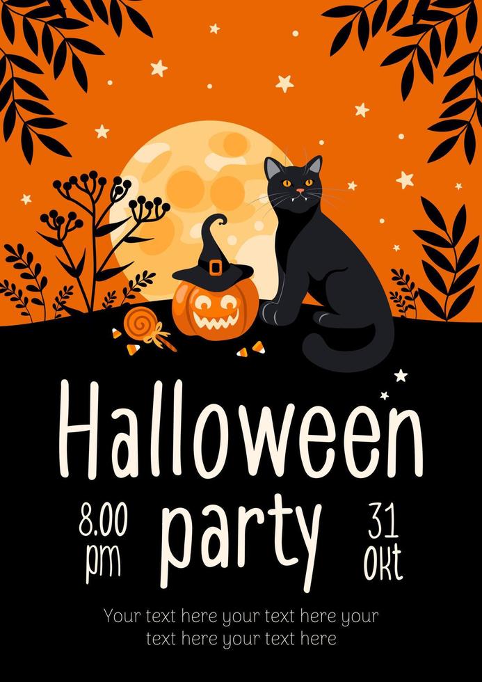 Halloween festa volantino. luminosa vettore illustrazione. zucca jack-o-lantern, nero gatto, strega cappello, lecca-lecca, Luna. per pubblicità striscione, manifesto, volantino.