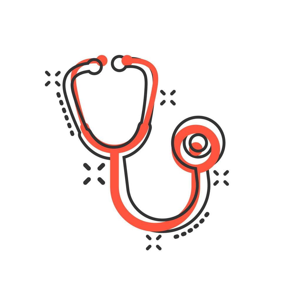 stetoscopio cartello icona nel comico stile. medico medico vettore cartone animato illustrazione su bianca isolato sfondo. ospedale attività commerciale concetto spruzzo effetto.