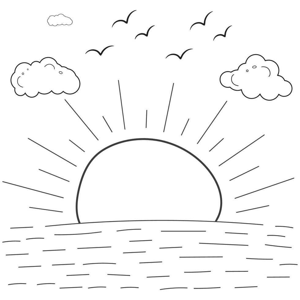 sole e nuvole linea arte disegno stile, nuvole nel il cielo, sole e nube bambini disegno per asilo, natura sole tempo, nuvole tempo metereologico schema stile paesaggio, colorazione pagine elementi vettore