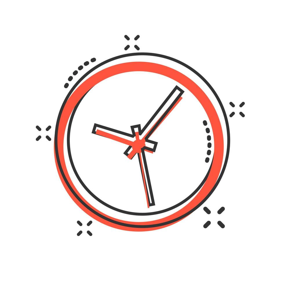 orologio cartello icona nel comico stile. tempo gestione vettore cartone animato illustrazione su bianca isolato sfondo. Timer attività commerciale concetto spruzzo effetto.