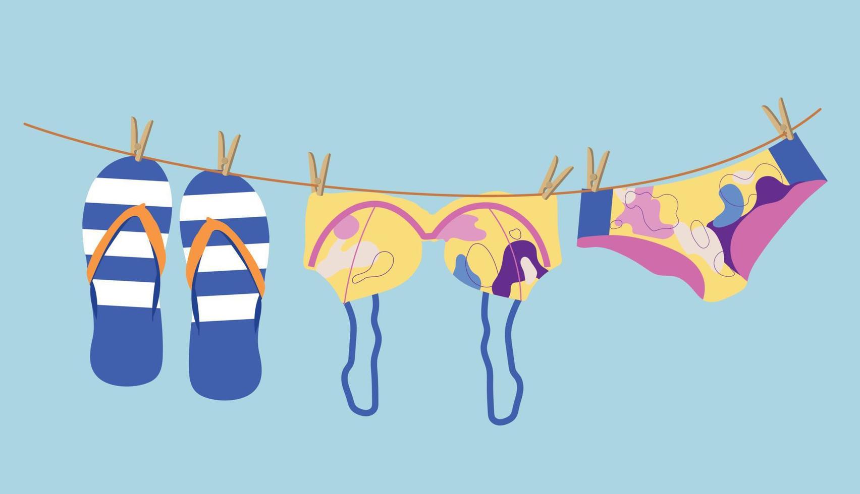 vettore illustrazione con un' costume da bagno e Flip flop sospeso su un' stendibiancheria. estate viaggiare, vacanza, vacanza