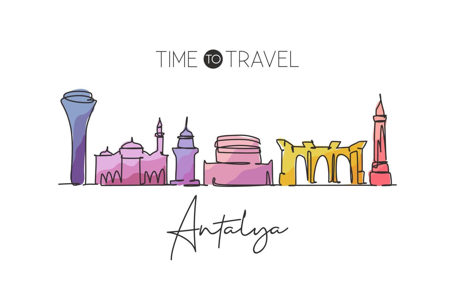 unico disegno a linea continua dello skyline di antalya, turchia. famoso paesaggio di raschietto della città. Concetto di stampa del poster della decorazione della parete della casa di destinazione di viaggio nel mondo. illustrazione vettoriale moderna di disegno di una linea