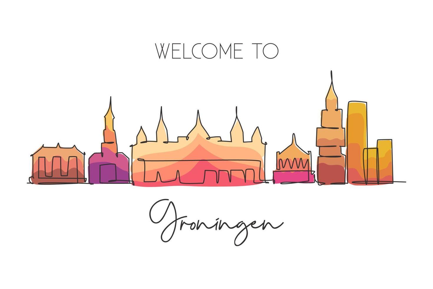 un disegno a linea singola dello skyline della città di Groningen, Paesi Bassi. paesaggio storico del grattacielo nel mondo. poster per la decorazione della parete della migliore destinazione per le vacanze. illustrazione vettoriale di disegno a linea continua