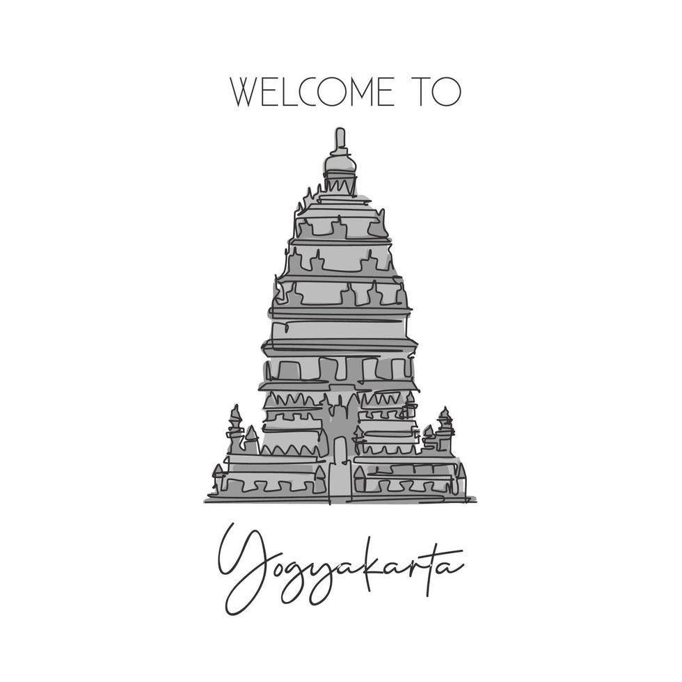 una linea continua che disegna un punto di riferimento del tempio di Prambanan. luogo iconico del mondo a jogjakarta, indonesia. concetto di stampa del poster della decorazione della parete per le vacanze di vacanza. illustrazione vettoriale moderna con disegno a linea singola