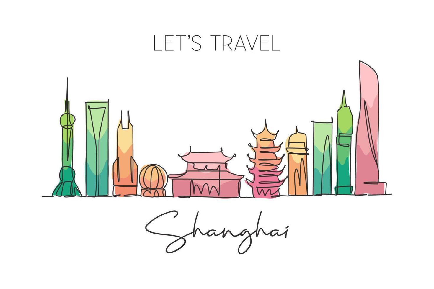 un unico disegno a tratteggio dello skyline della città di shanghai, cina. paesaggio storico della città nel mondo. migliore destinazione per le vacanze. tratto modificabile alla moda linea continua disegnare disegno vettoriale illustrazione grafica