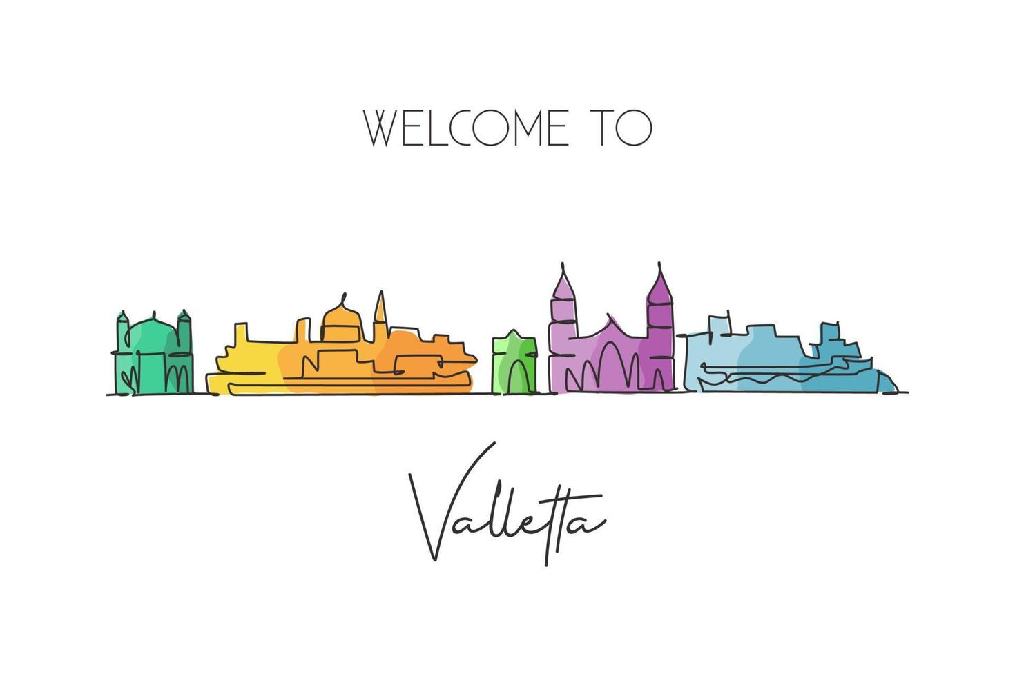 un disegno a linea continua dello skyline della città di valletta, malta. bella cartolina del punto di riferimento. vacanza di viaggio del turismo paesaggistico mondiale. illustrazione vettoriale di disegno a linea singola con tratto elegante modificabile