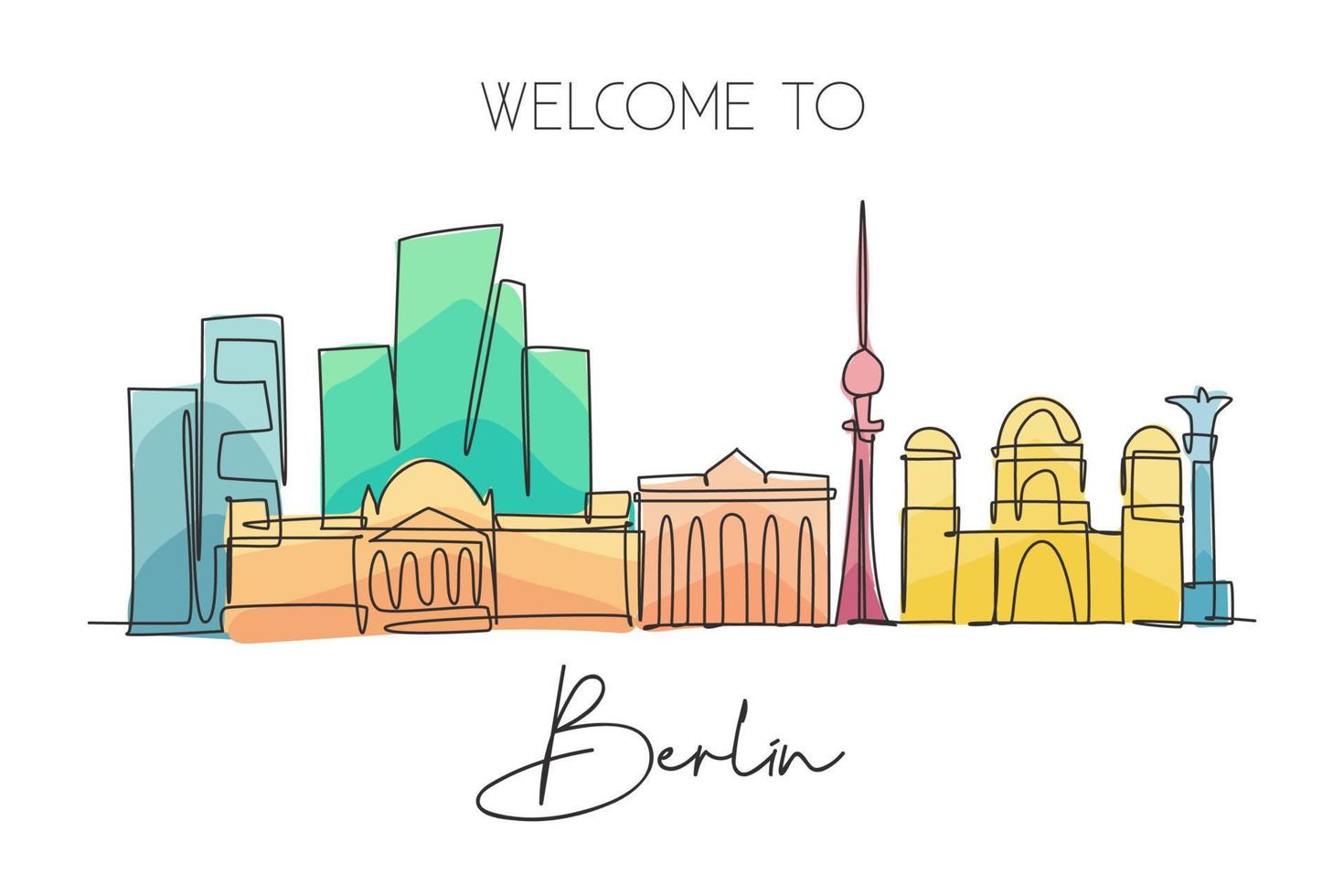 una linea continua che disegna lo skyline della città di berlino. bellissimo paesaggio del grattacielo della città. mondo home decor wall art poster arte turismo viaggio vacanza concetto. illustrazione vettoriale di disegno a linea singola