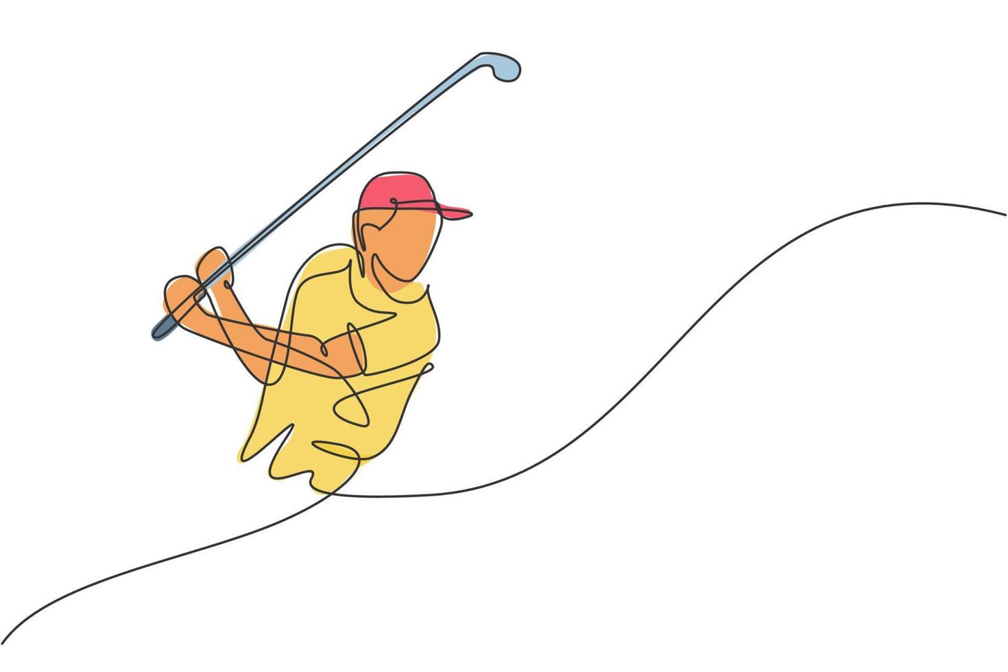 un disegno a linea continua di un giovane giocatore di golf oscillare la mazza da golf e colpire la palla. concetto di sport per il tempo libero. grafico dinamico dell'illustrazione di vettore del disegno di linea singola per i media di promozione del torneo