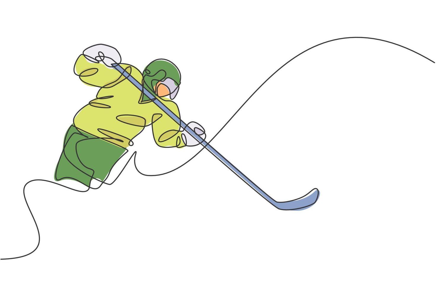 un disegno a linea singola di un giovane giocatore di hockey su ghiaccio in azione per giocare a un gioco competitivo sull'illustrazione grafica vettoriale dello stadio della pista di pattinaggio. concetto di torneo sportivo. moderno disegno a linea continua