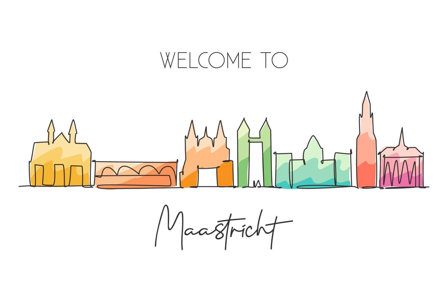 un disegno a linea singola dello skyline della città di Maastricht, Paesi Bassi. paesaggio storico del grattacielo nel mondo. poster per la decorazione della parete della migliore destinazione per le vacanze. illustrazione vettoriale di disegno a linea continua