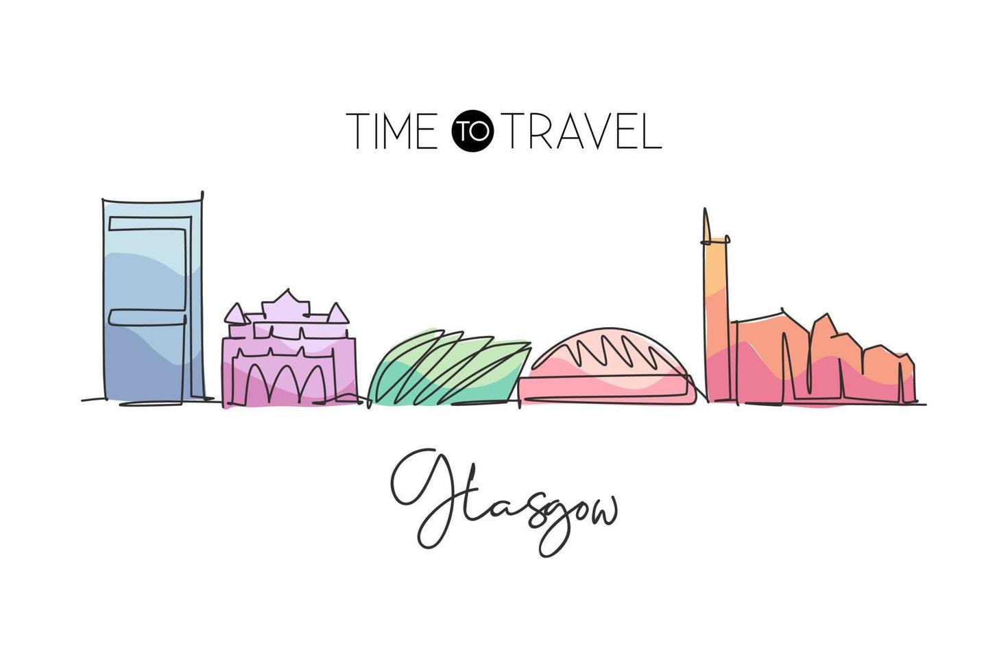 un disegno a linea singola dello skyline della città di glasgow, in scozia. paesaggio storico della città nel mondo. stampa della decorazione della parete del poster della migliore destinazione per le vacanze. illustrazione vettoriale di disegno di linea continua alla moda