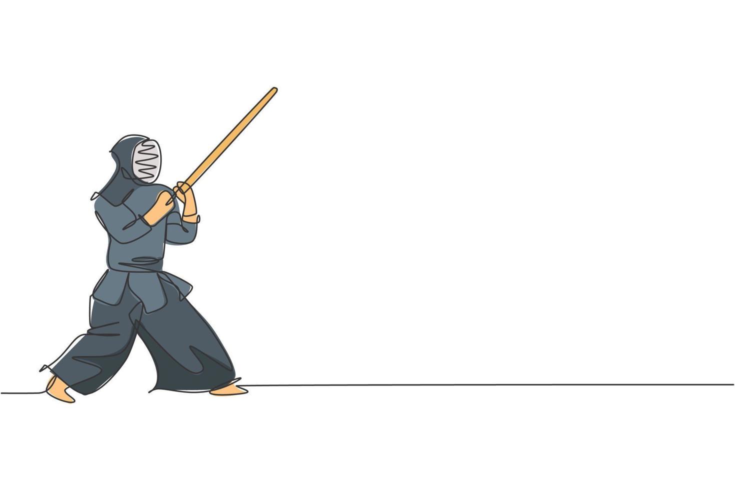 un disegno a linea continua giovane uomo sportivo allenamento kendo difesa mossa abilità nel centro dojo. concetto di sport di arte marziale da combattimento sano. illustrazione vettoriale dinamica del disegno a linea singola