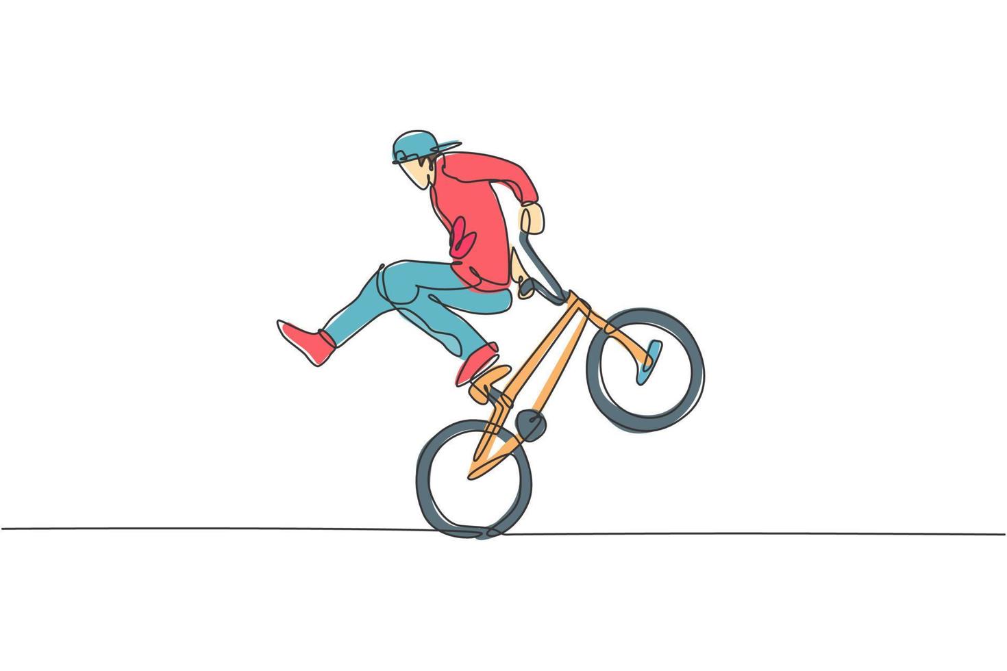 il disegno a linea continua singola del giovane ciclista bmx mostra un trucco rischioso estremo nello skatepark. concetto di stile libero bmx. illustrazione vettoriale alla moda di una linea di disegno per i media di promozione freestyle