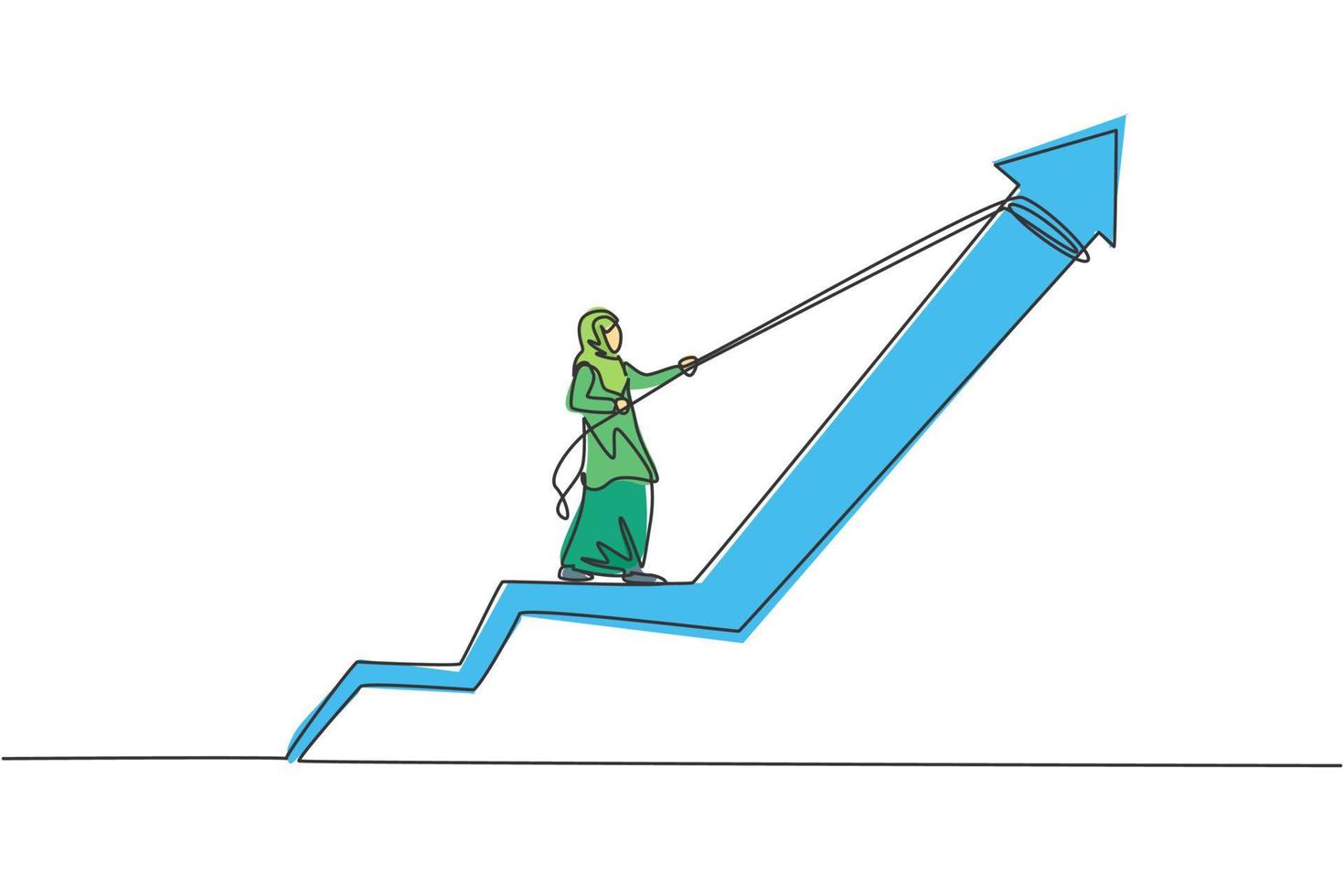 singolo disegno a linea continua giovane imprenditrice araba professionista che tira la freccia di crescita di aumento con la corda. concetto di metafora del minimalismo dinamico una linea disegnare grafica vettoriale illustrazione