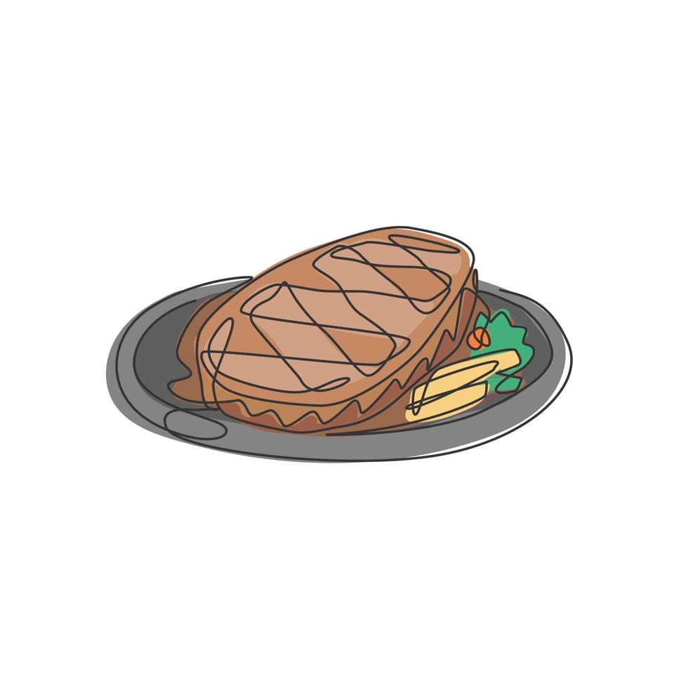 un disegno a linea singola di una deliziosa bistecca di costolette fresca sull'illustrazione di arte vettoriale del logo della piastra. concetto di badge ristorante bistecca. moderno disegno grafico a linea continua