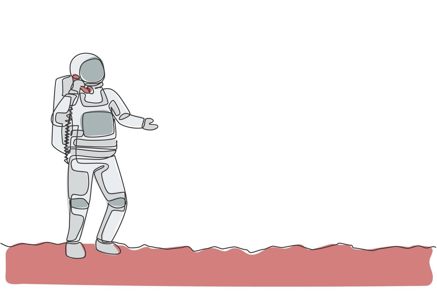 un disegno a linea singola del cosmonauta sulla superficie lunare effettua una chiamata di emergenza all'illustrazione vettoriale del collega. ufficio affari astronauta con il concetto di spazio esterno. design moderno a linea continua