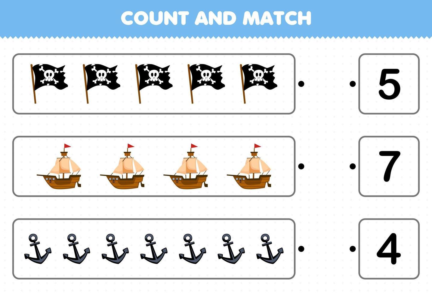 formazione scolastica gioco per bambini contare il numero di carino cartone animato bandiera nave ancora e incontro con il giusto numeri stampabile pirata foglio di lavoro vettore