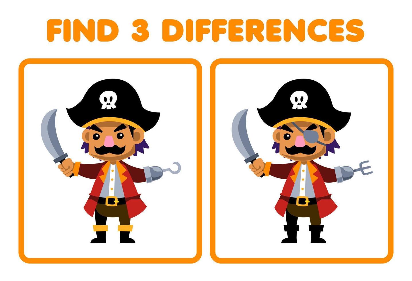 formazione scolastica gioco per bambini trova tre differenze fra Due carino cartone animato Capitano personaggio stampabile pirata foglio di lavoro vettore