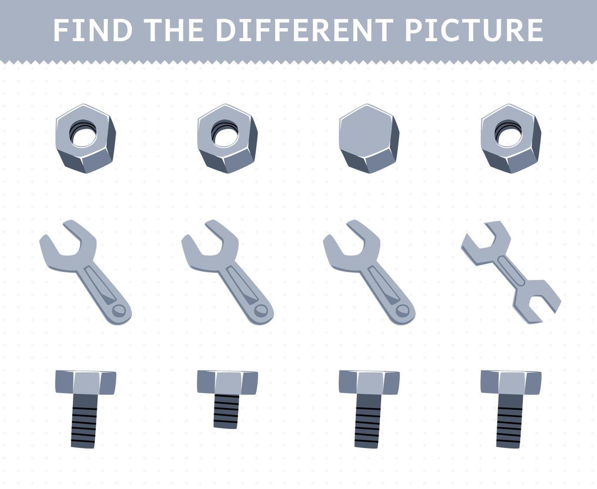 formazione scolastica gioco per bambini trova il diverso immagine nel ogni riga di carino cartone animato Noce chiave bullone stampabile attrezzo foglio di lavoro vettore