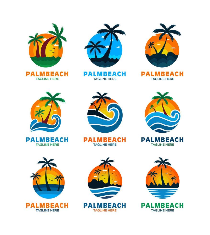 collezione di spiaggia logo design. acqua oceano onde con sole, palma albero e spiaggia, logo vettore