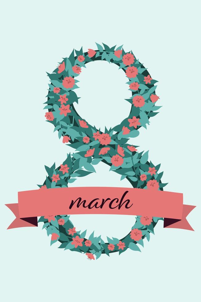 bellissimo marzo 8 cartolina. cifra otto fatto di semplice mano disegnato fiori con testo marzo. saluti per internazionale Da donna giorno vettore