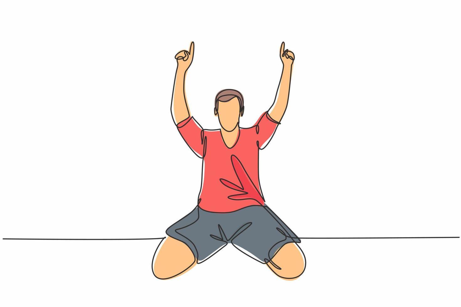 un disegno a tratteggio di un giovane calciatore che punta le dita verso il cielo celebrando il suo gol sul campo. partita obiettivo celebrazione concetto linea continua disegnare disegno vettoriale illustrazione