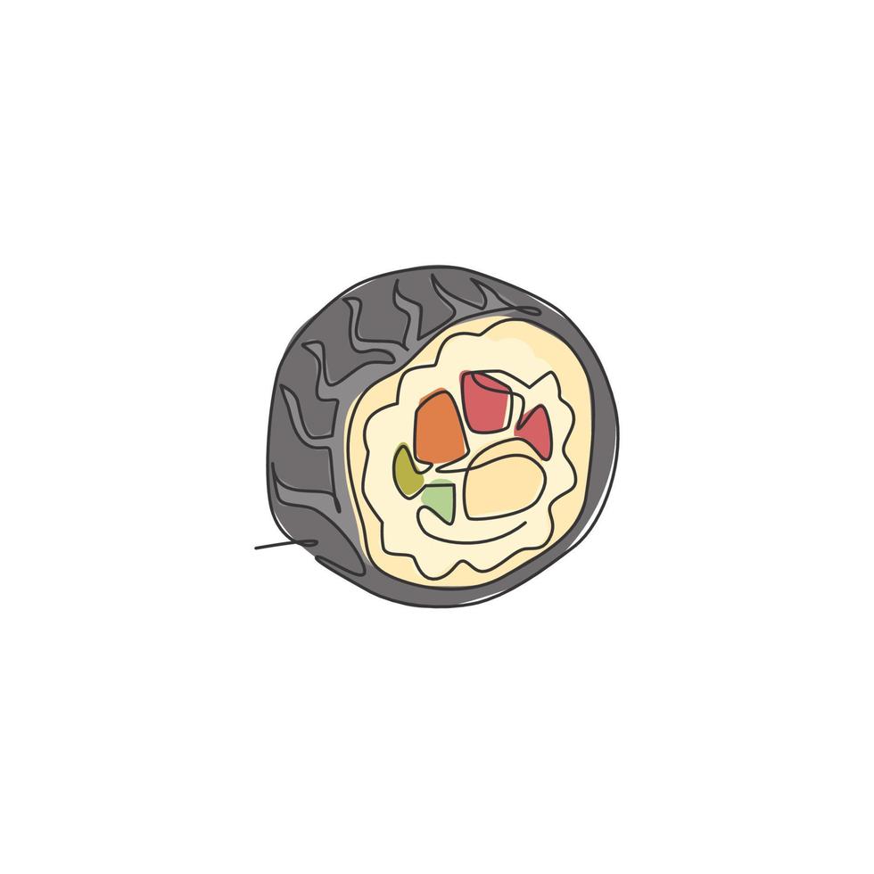 un disegno a linea continua del delizioso sushi giapponese maki bar ristorante logo emblema. concetto del modello del logotipo del negozio di frutti di mare del giappone. illustrazione vettoriale moderna con disegno a linea singola