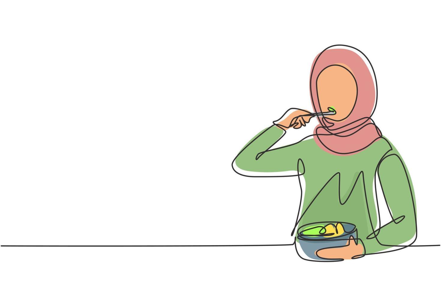 disegno a linea continua singola ragazza che mangia insalata con cucchiaio e ciotola. felice e goditi la colazione a casa. cibo delizioso, sano e gustoso. una linea disegnare grafica vettoriale illustrazione