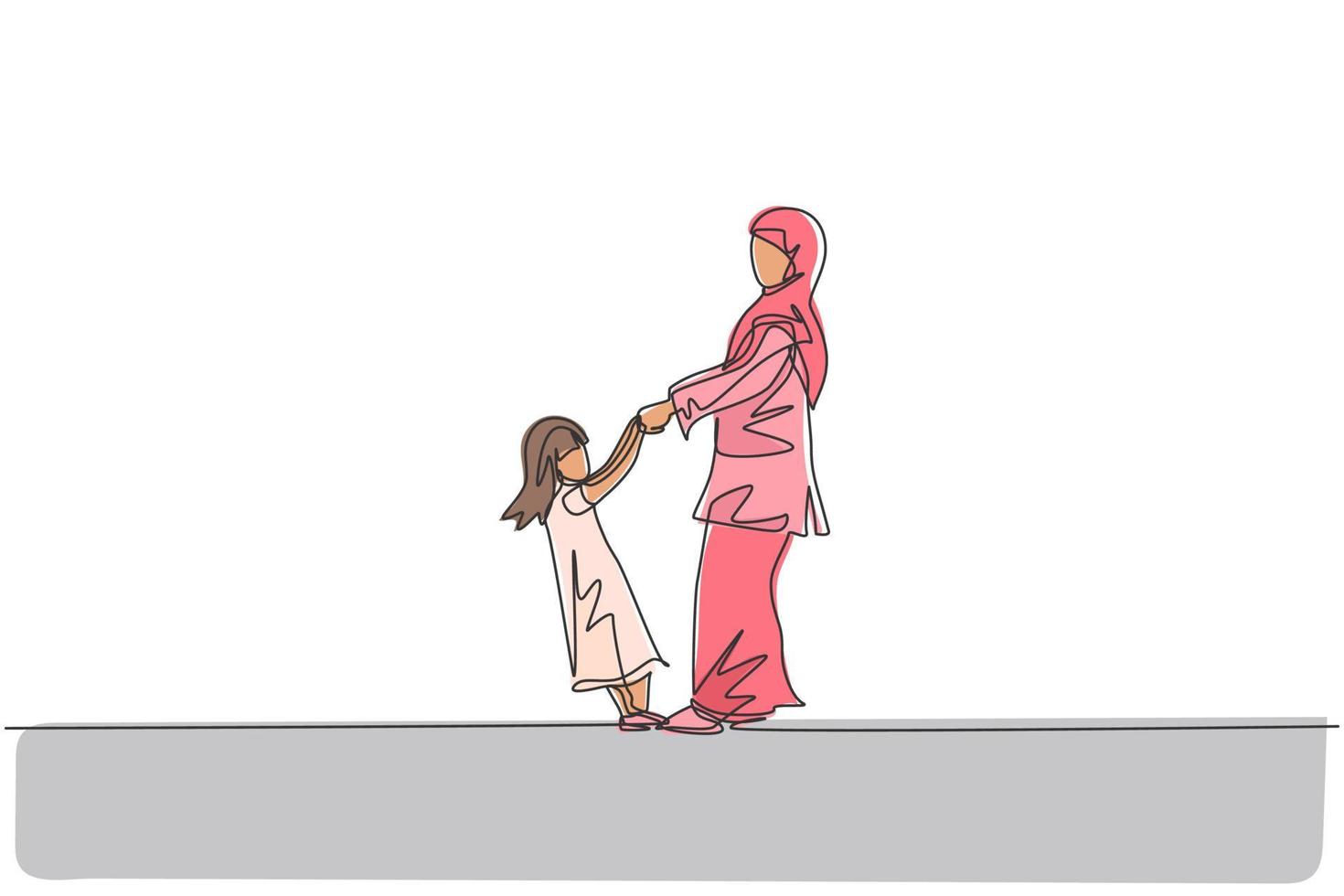 singolo disegno a tratteggio di giovane mamma e figlia arabe che si tengono per mano, giocando insieme illustrazione vettoriale. felice concetto di genitorialità familiare musulmana islamica. disegno grafico moderno a linea continua vettore
