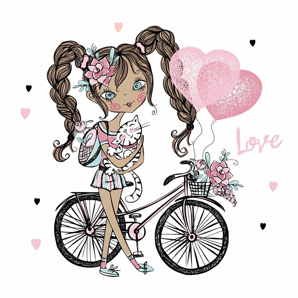 carino fashionista ragazza adolescente dalla pelle scura con un gatto, una bicicletta e palloncini con cuori. carta di San Valentino. vettore. vettore