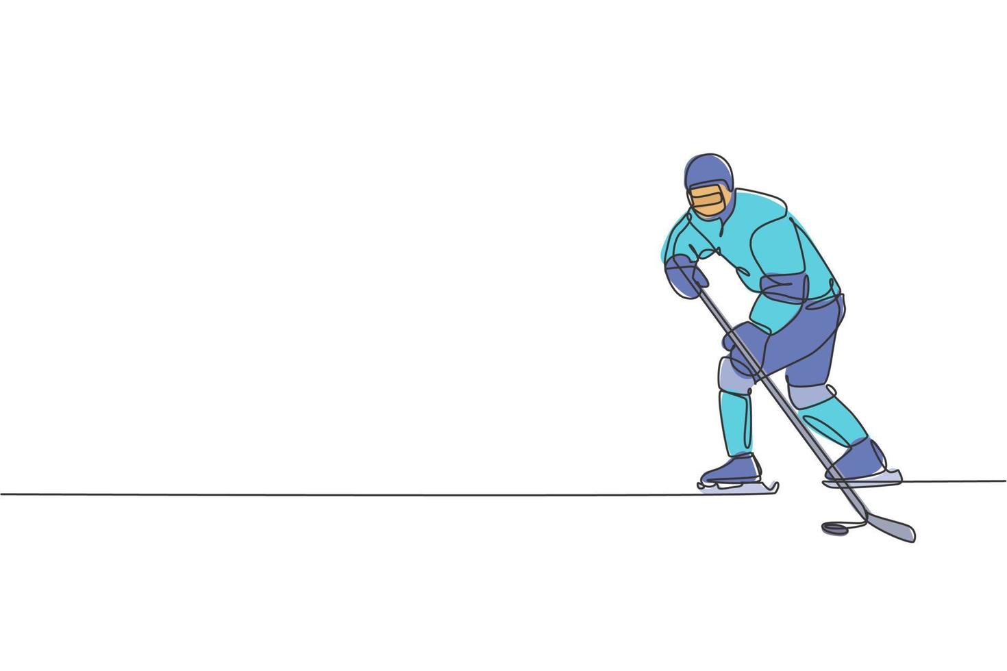 un unico disegno a linea continua di un giovane giocatore professionista di hockey su ghiaccio colpisce il disco e attacca l'arena della pista di pattinaggio. concetto di sport invernale estremo. grafico di illustrazione vettoriale di disegno di una linea alla moda