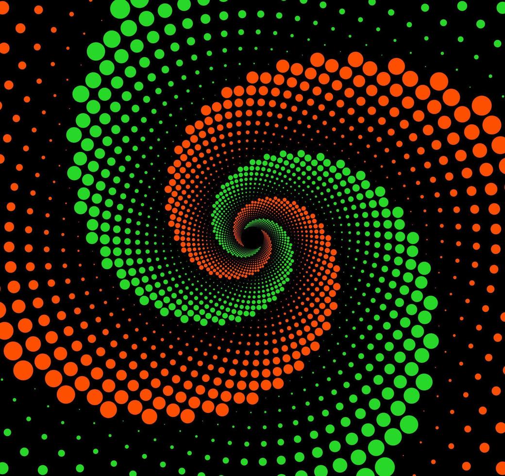 arancia, verde, e nero tratteggiata spirale vortice vettore sfondo. turbine modello puntini sfondo design.