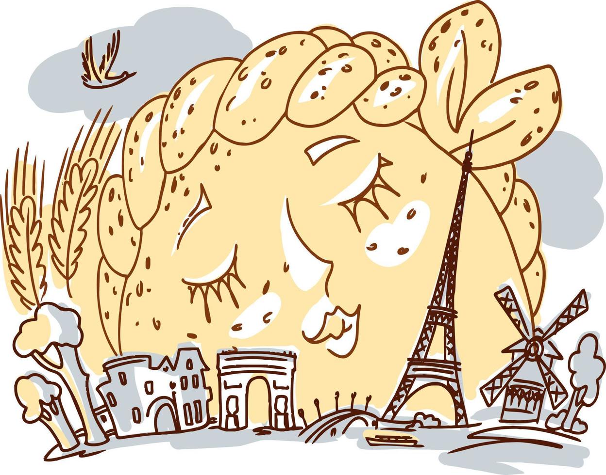 illustrazione di un' enorme pane rotolo e spighette di cereali come il cielo al di sopra di il eiffel Torre e altro simboli di Francia vettore