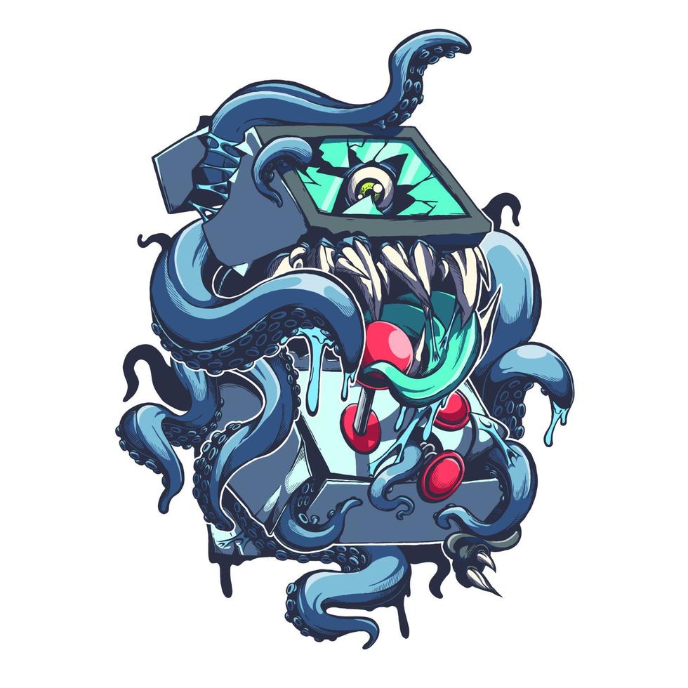 vettore maglietta design con un' tentacolo mostro fuso con un portico gioco macchina