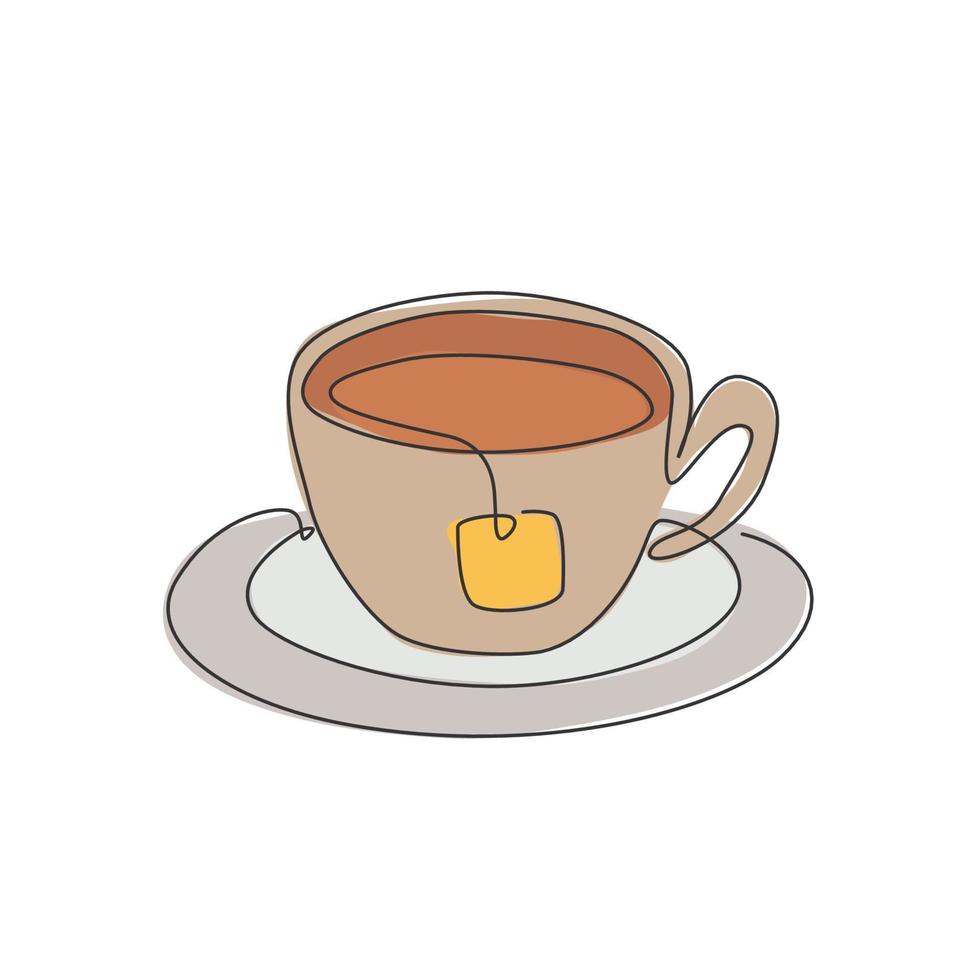 disegno a linea continua singola di una tazza di tè stilizzata con bustina di tè e sottobicchieri per bevande. concetto di logo del negozio di tè dell'emblema. illustrazione grafica vettoriale moderna di disegno di una linea per bar e negozio di bevande