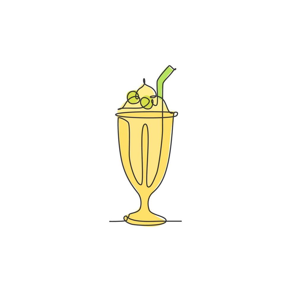 etichetta del logo del negozio di bevande di milkshake con topping stilizzato a linea continua singola. concetto di negozio di bevande emblema. illustrazione grafica vettoriale moderna di disegno di una linea per il servizio di consegna di cibo o caffetteria