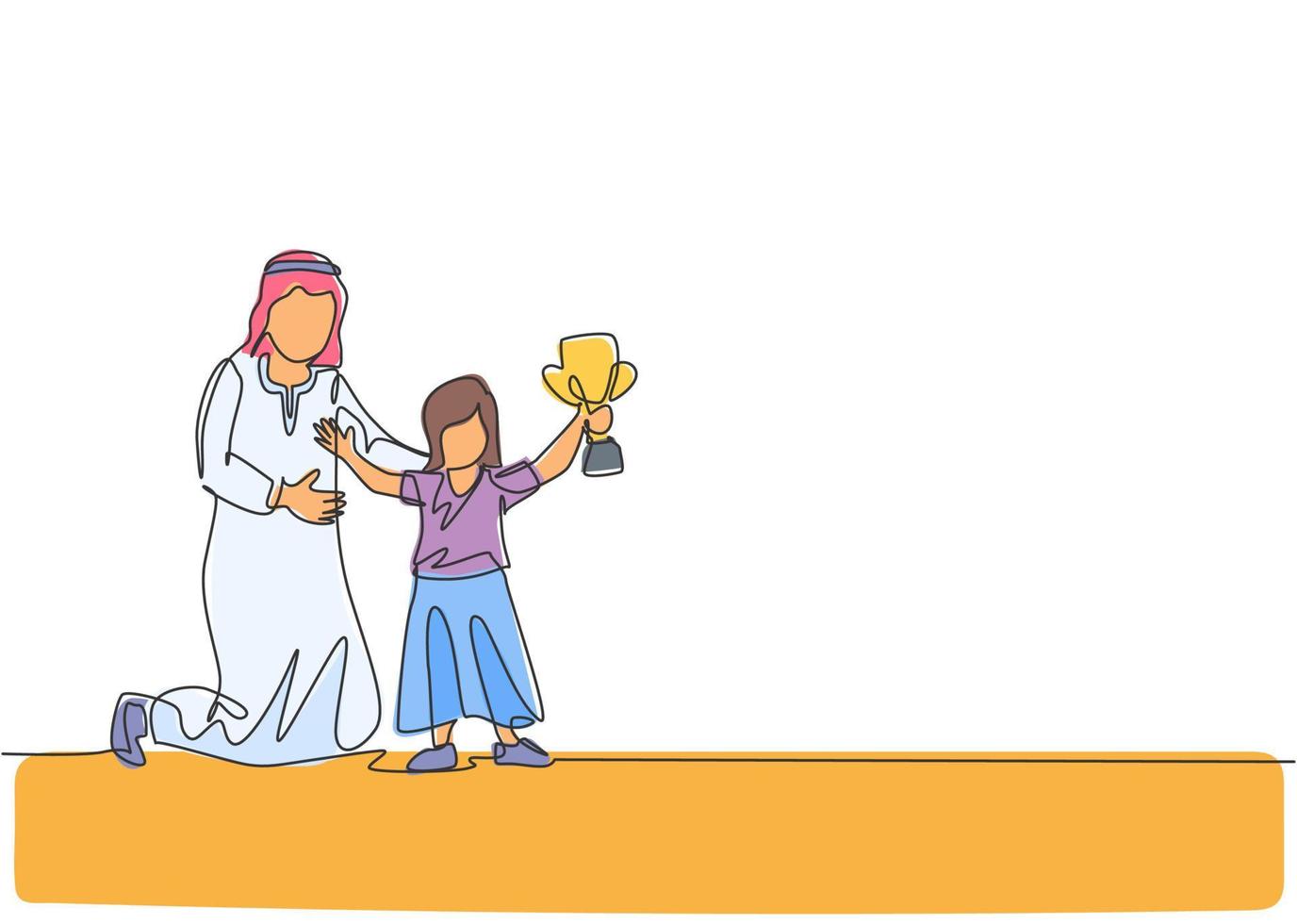 un disegno a tratteggio del giovane papà arabo si congratula con sua figlia per aver vinto l'illustrazione vettoriale del trofeo del premio. felice concetto di genitorialità familiare musulmana islamica. design moderno a linea continua