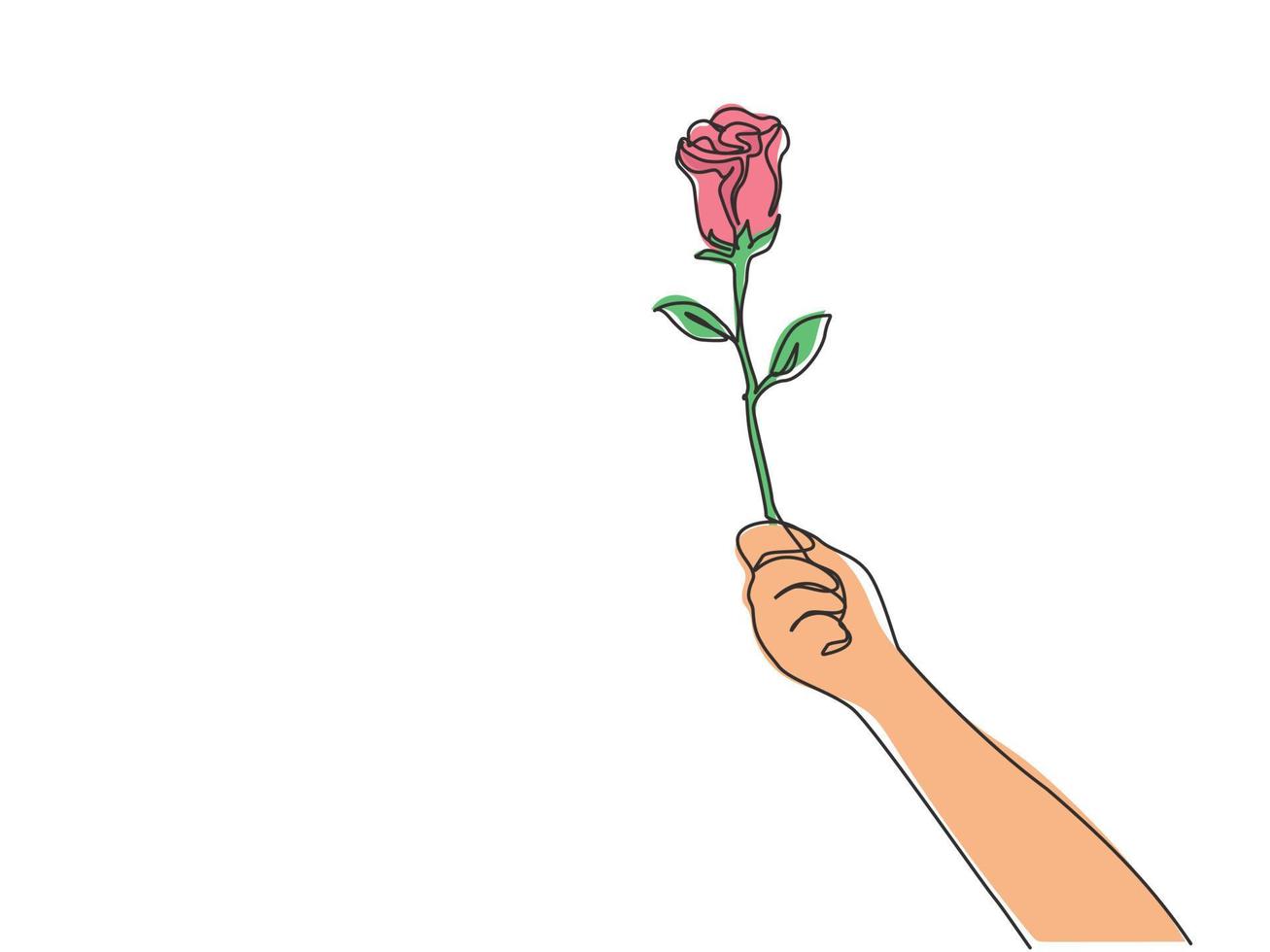 un unico disegno a tratteggio della mano che tiene il bel fiore rosa romantico fresco. biglietto di auguri, invito, logo, banner, concetto di poster. illustrazione vettoriale di disegno grafico a linea continua dinamica