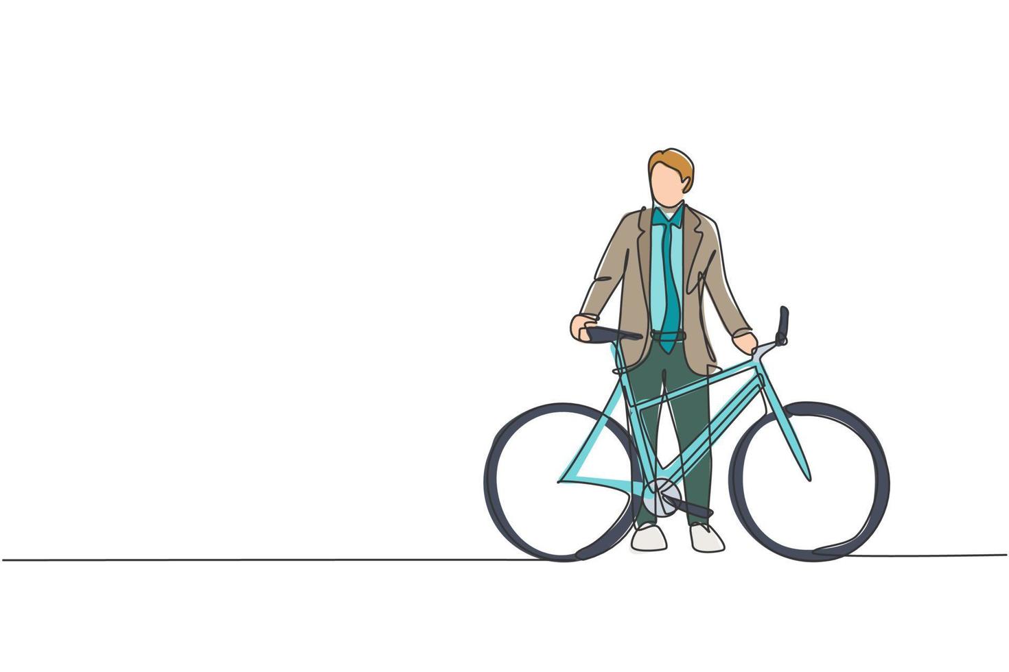 un disegno a linea singola di un giovane uomo dipendente di avvio professionale felice che va in bicicletta verso l'illustrazione vettoriale dello spazio di coworking. concetto di stile di vita da pendolare sano. moderno disegno a linea continua