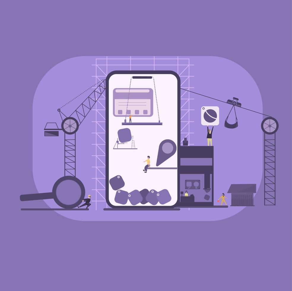 mobile con minuscolo uomini costruzione. vettore illustrazione nel piatto stile. mobile applicazione sviluppo.
