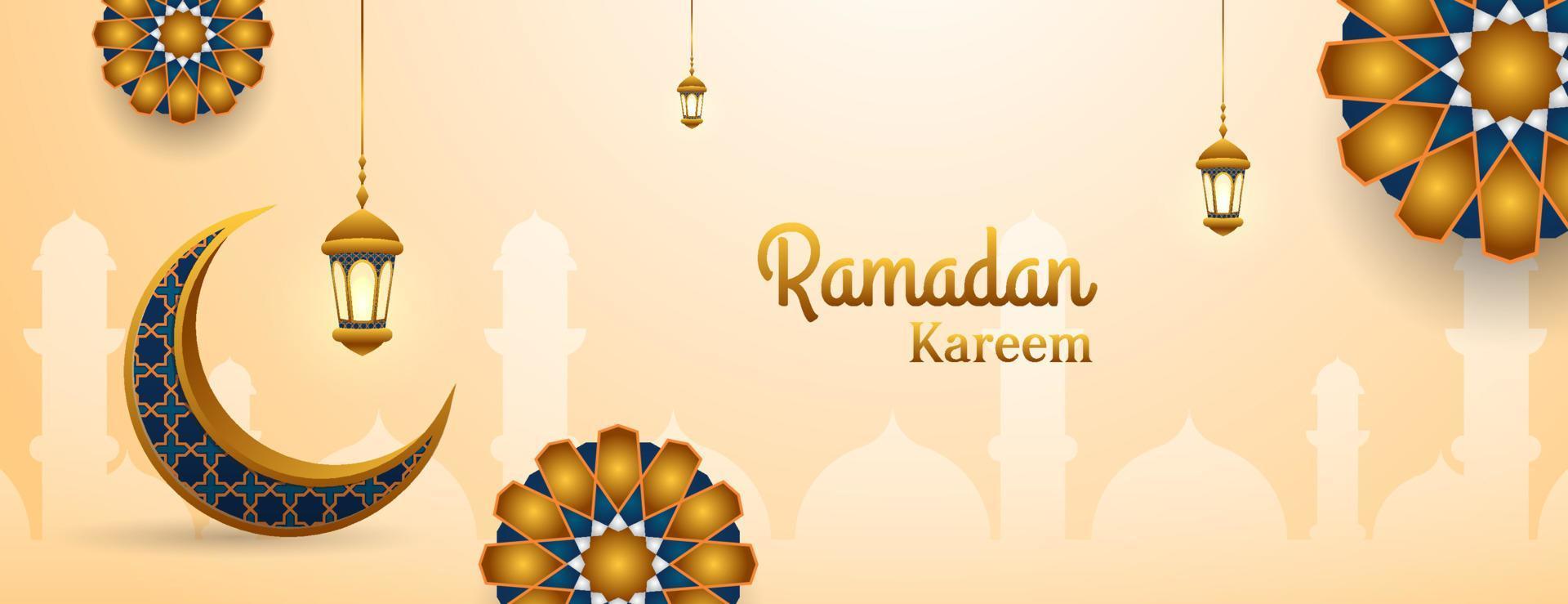 realistico Ramadan kareem bandiera nel oro e blu colore con Luna, lanterna e mandala. islamico vettore illustrazione