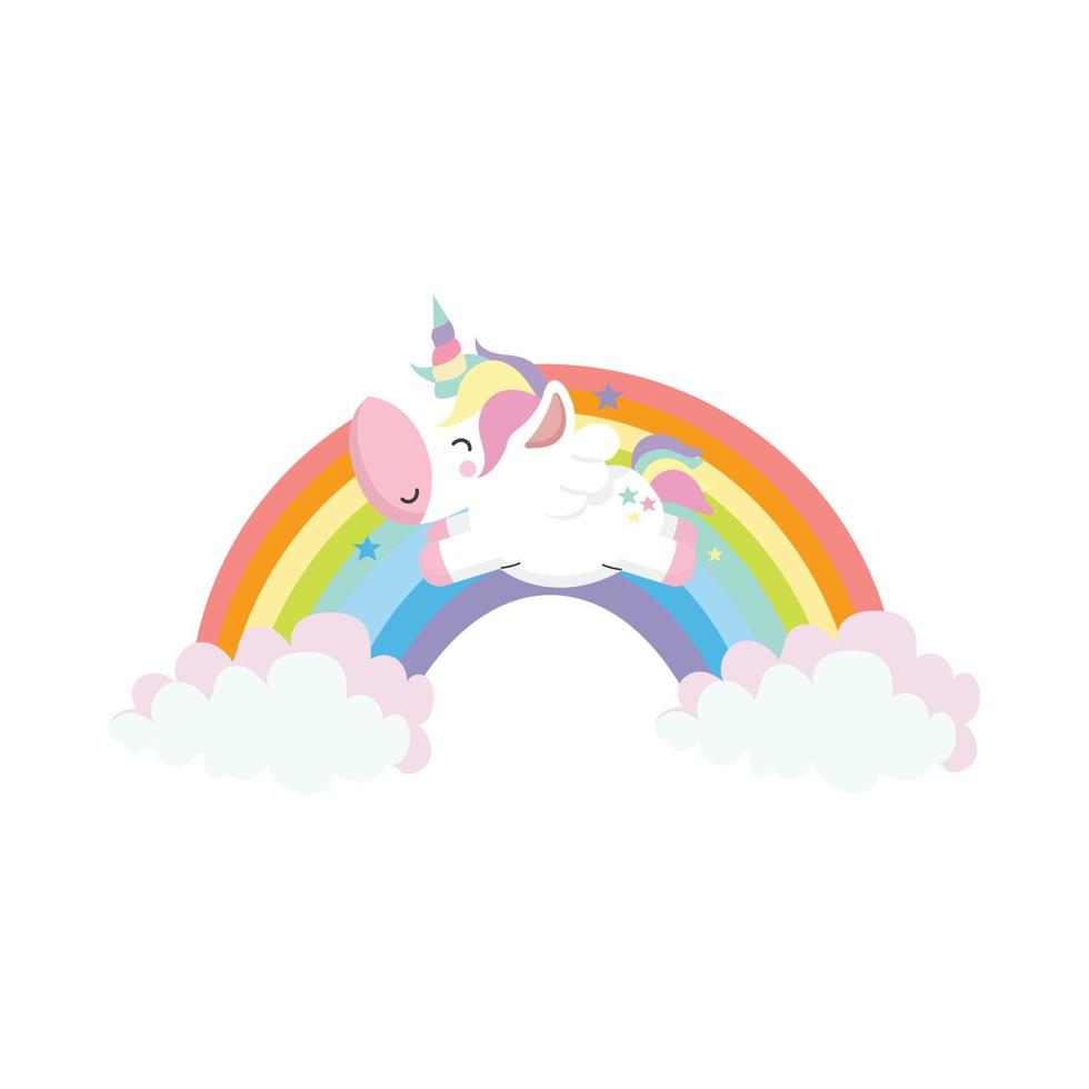unicorno mini con arcobaleni cartone animato vettore