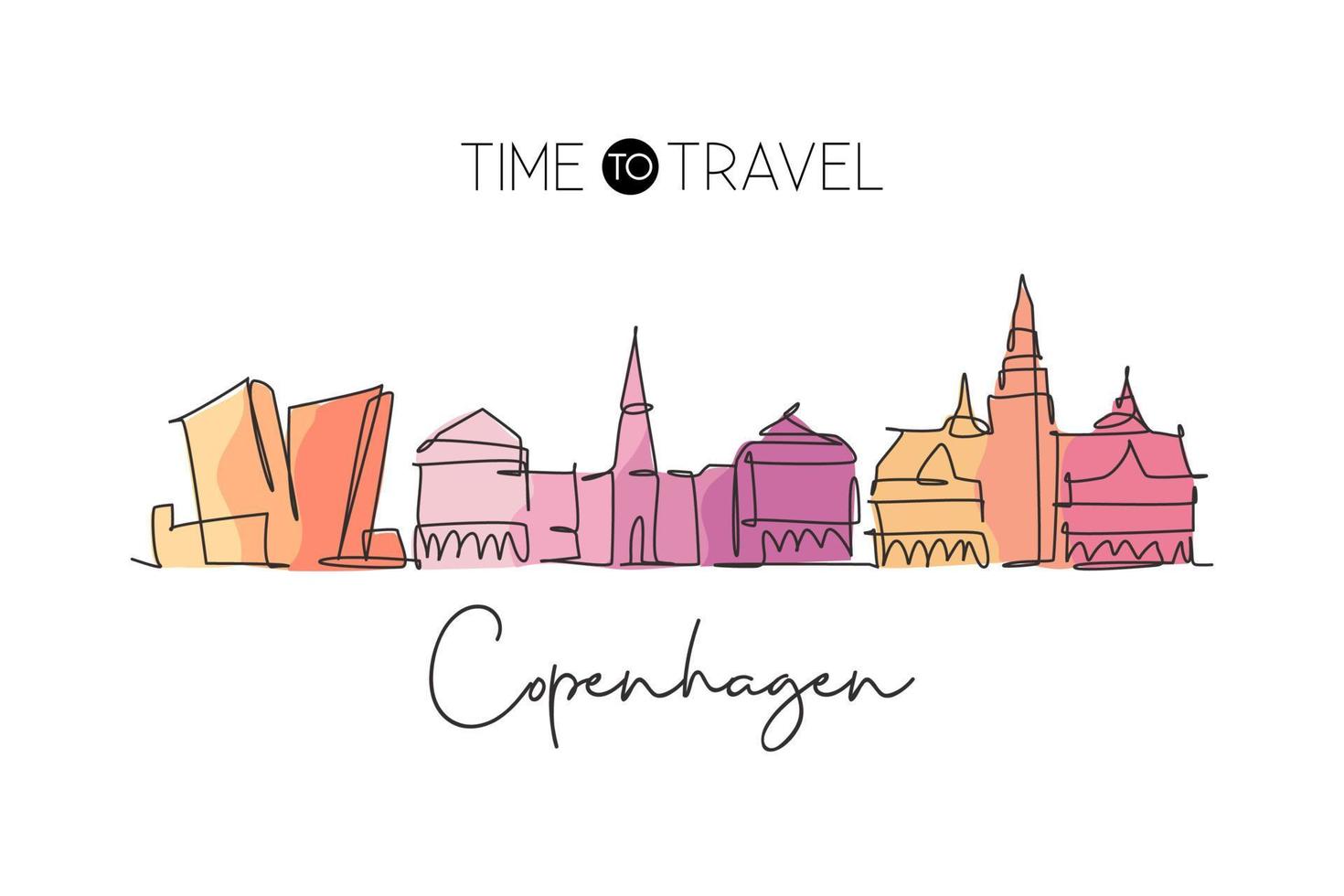 un disegno a linea continua dello skyline della città di copenhagen, danimarca. bellissimo punto di riferimento. manifesto delle vacanze di viaggio del turismo del paesaggio mondiale. illustrazione vettoriale di disegno a linea singola con tratto elegante modificabile